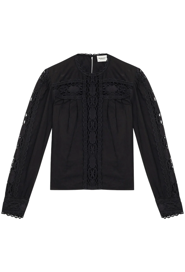 Black long sleeve open lace top set against a transparent background.