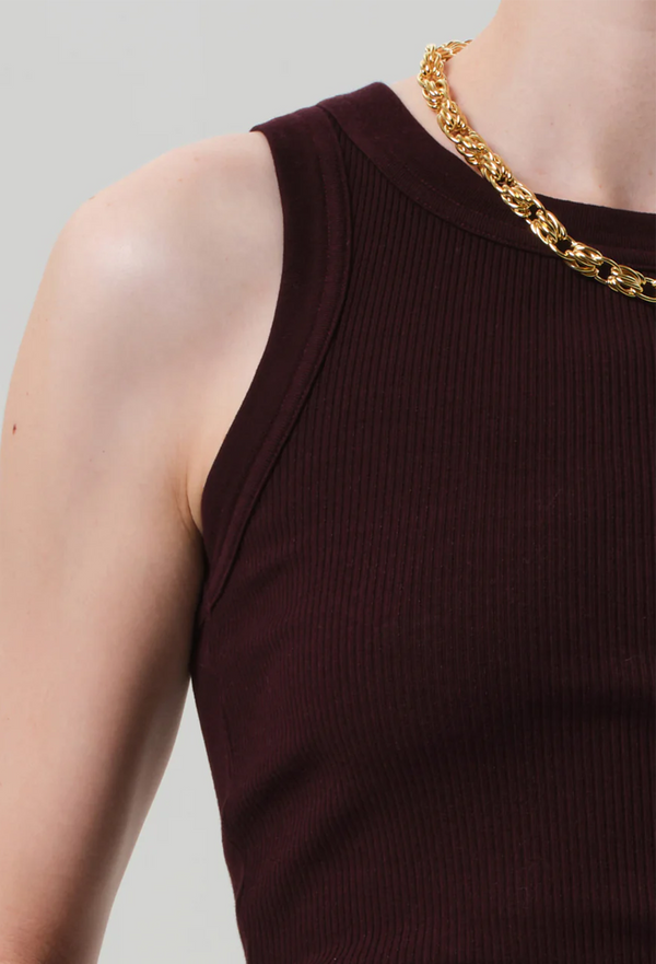Brown sleeveless top with a gold chain detail on a neutral background
