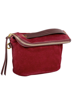a burgundy suede pouch bag. transparent background