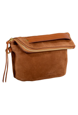 a caramel suede pouch bag. transparent background