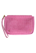 Pink hand held bag with removable strap on the side with gold detailing. Set against a checkered background. 