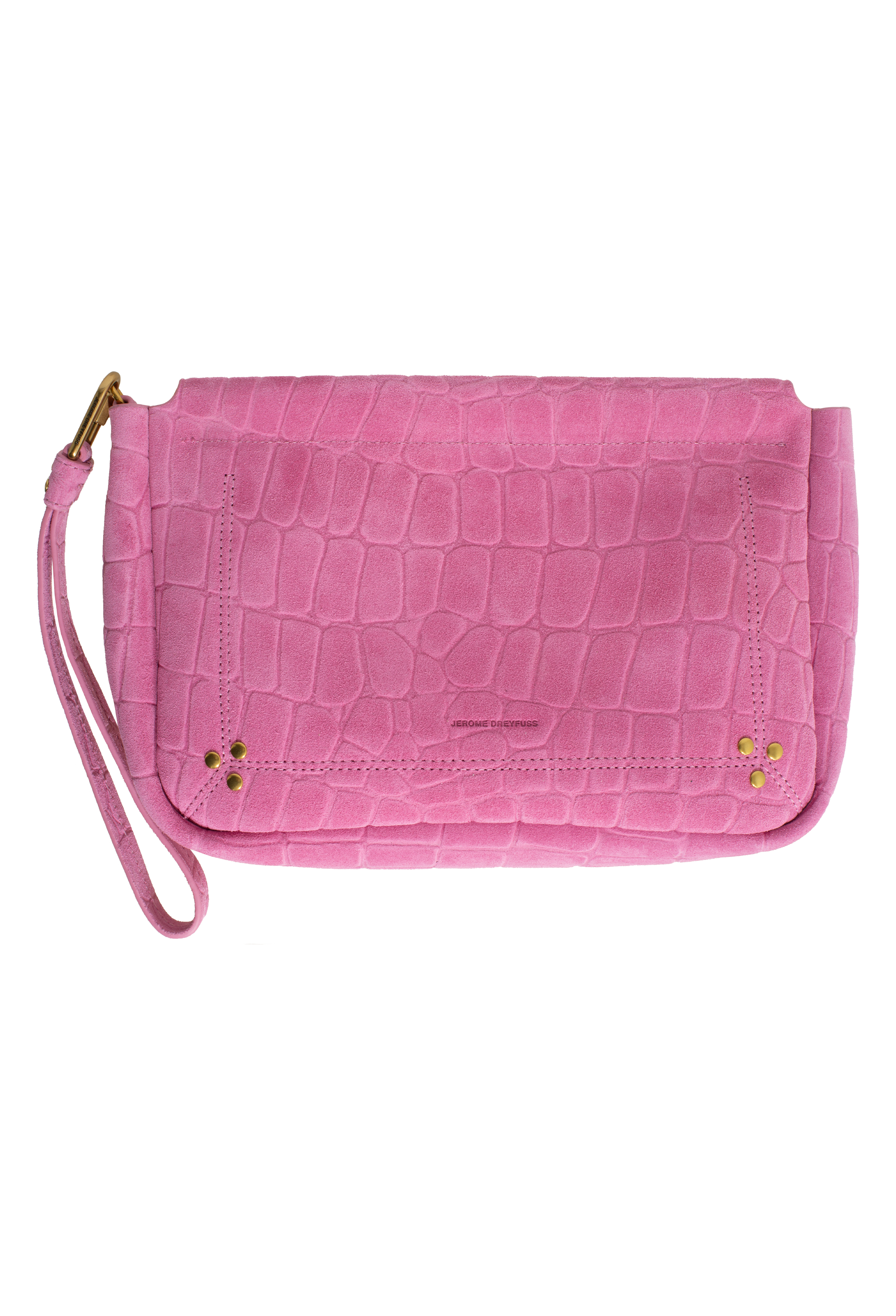 Pink hand held bag with removable strap on the side with gold detailing. Set against a checkered background. 