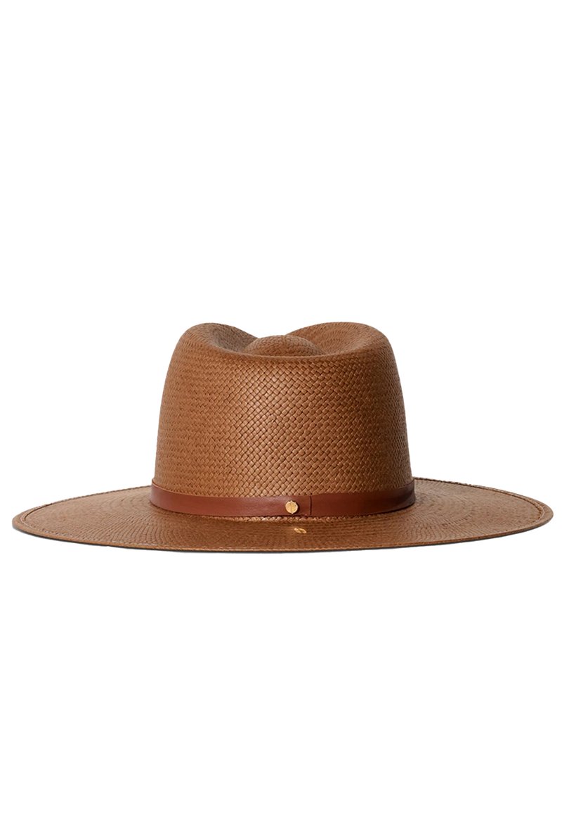 Brown straw hat with a leather band on a transparent background