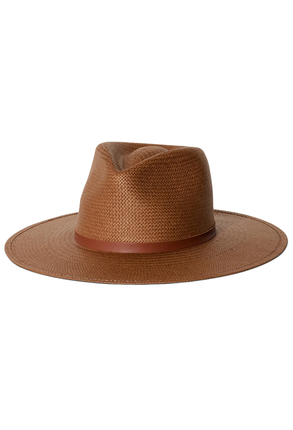 Brown straw hat with a leather band on a transparent background