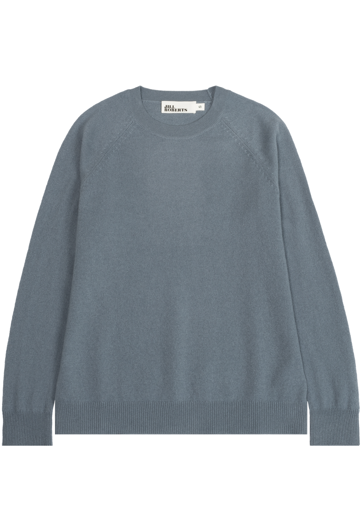 A slate blue crewneck knit sweater with raglan sleeves, laid flat against a solid white background. 