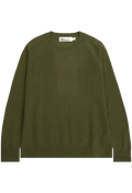 An olive green knit crewneck sweater with raglan sleeves, shown flat against a plain white background. 
