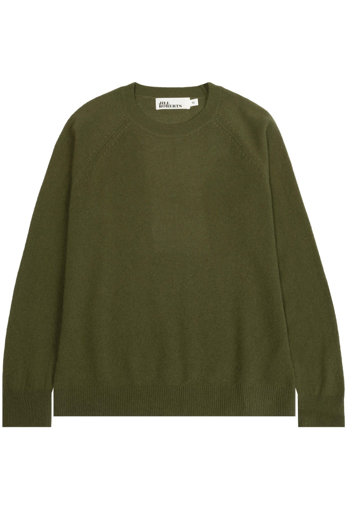 An olive green knit crewneck sweater with raglan sleeves, shown flat against a plain white background. 