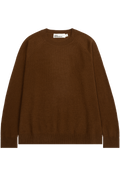 A brown knit crewneck sweater with raglan sleeves, laid flat against a solid white background.