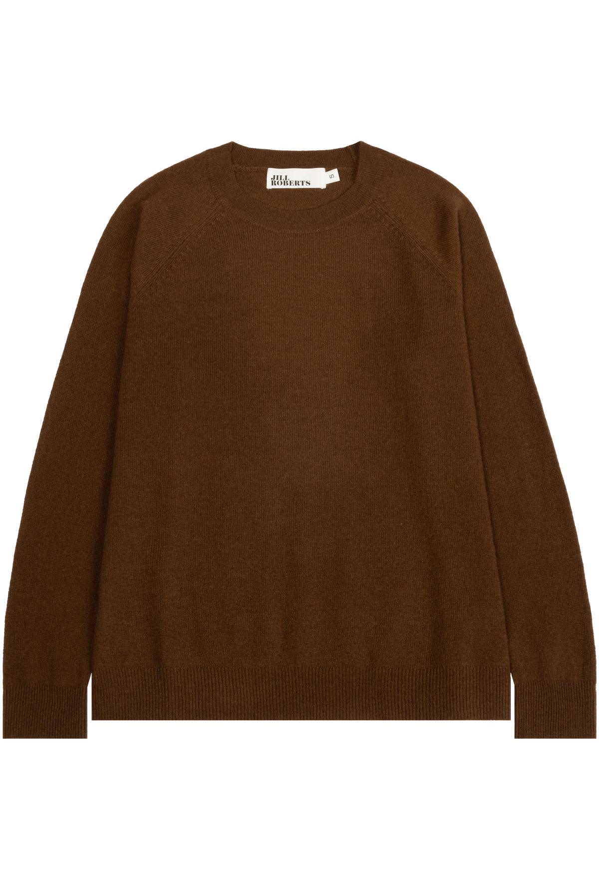 A brown knit crewneck sweater with raglan sleeves, laid flat against a solid white background.
