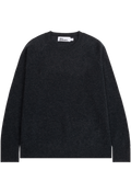 A dark charcoal gray knit crewneck sweater with long sleeves, laid flat against a solid white background. 