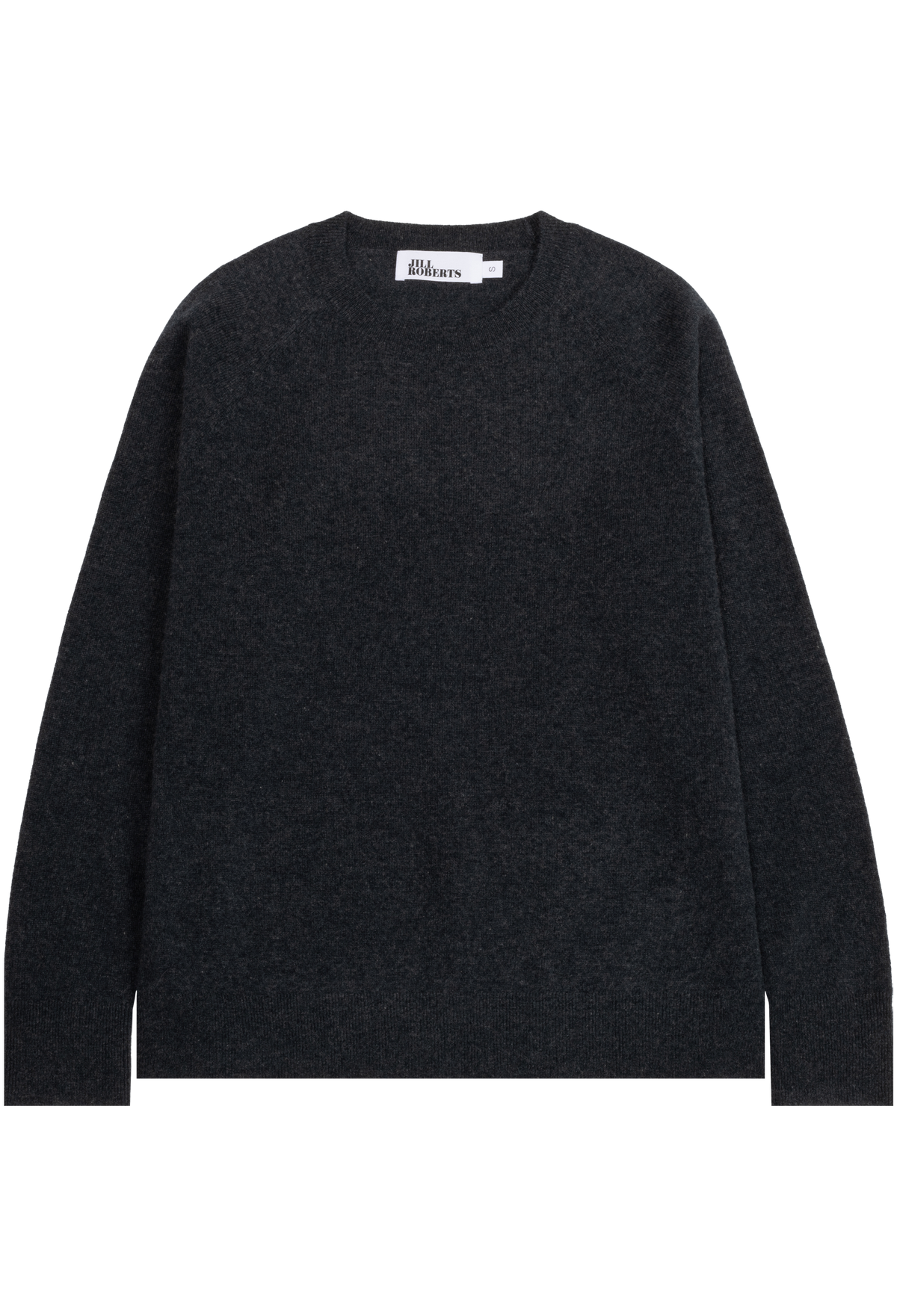 A dark charcoal gray knit crewneck sweater with long sleeves, laid flat against a solid white background. 