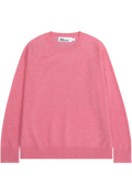 A pink crewneck knit sweater, shown flat against a plain white background.