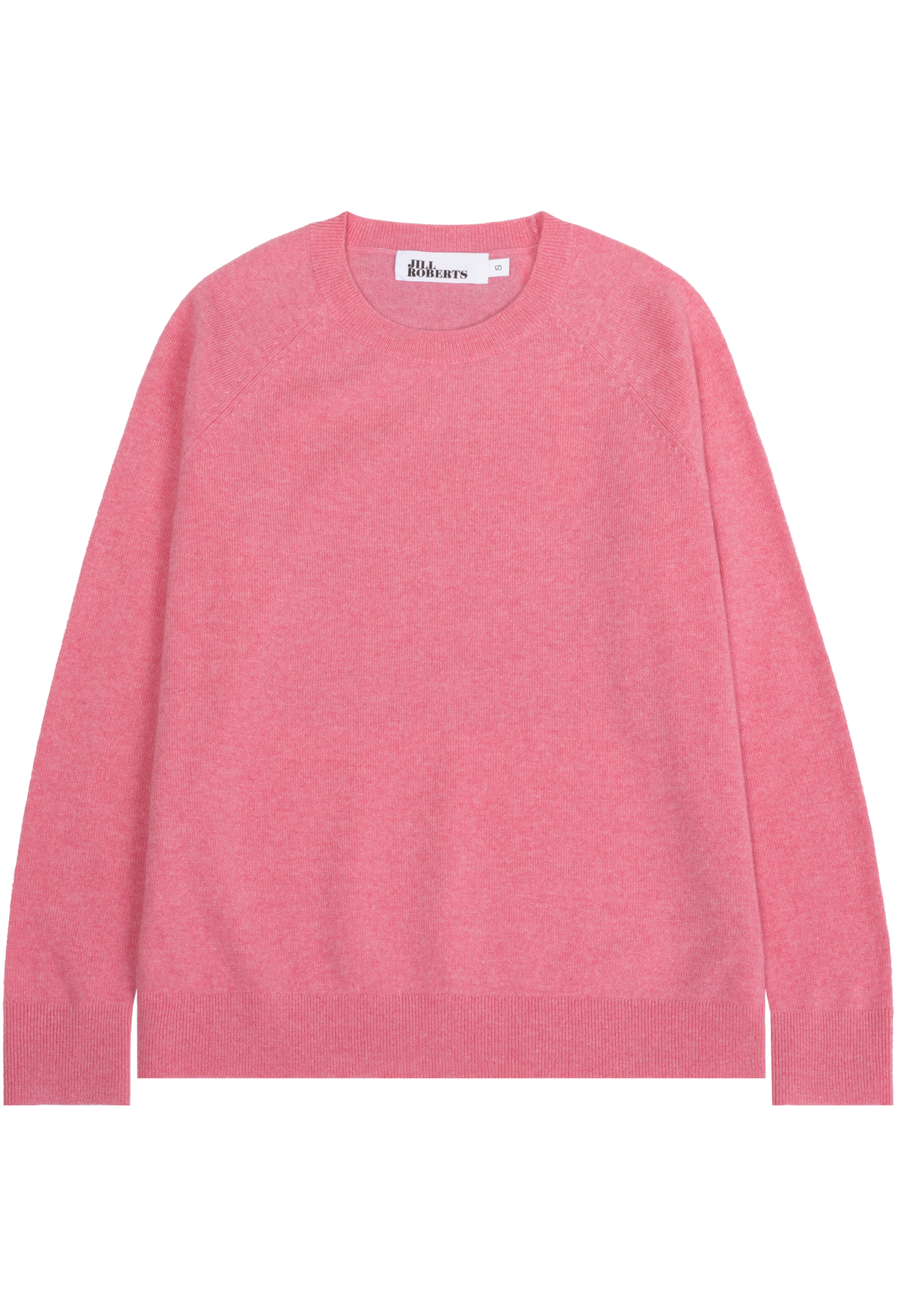A pink crewneck knit sweater, shown flat against a plain white background.