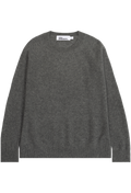 A dark gray heathered knit crewneck sweater displayed flat against a solid white background.