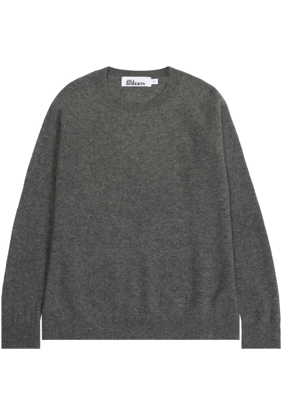 A dark gray heathered knit crewneck sweater displayed flat against a solid white background.