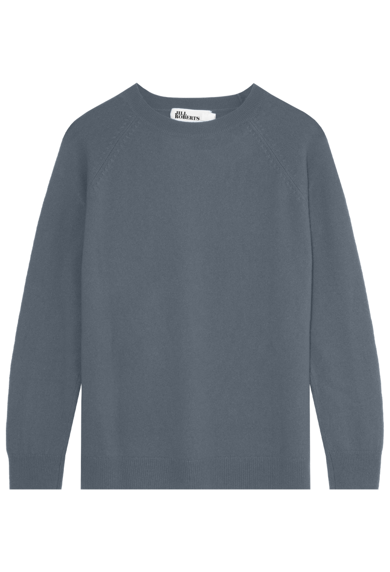 slightly oversized blue cashmere crewneck sweater on a transparent background