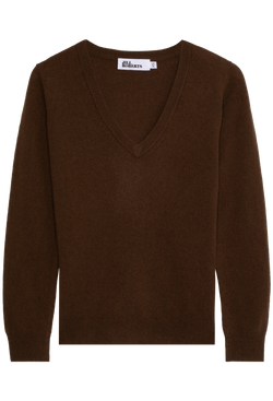 a brown v-neck sweater on a white background