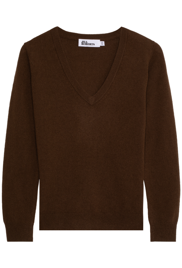 a brown v-neck sweater on a white background