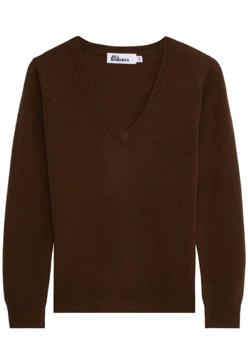 a brown v-neck sweater on a white background