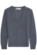 Gray sweater with a brand label on a white background