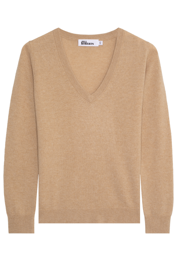 Beige v-neck sweater on a white background