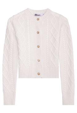 White cable knit cardigan with brown buttons on a white background