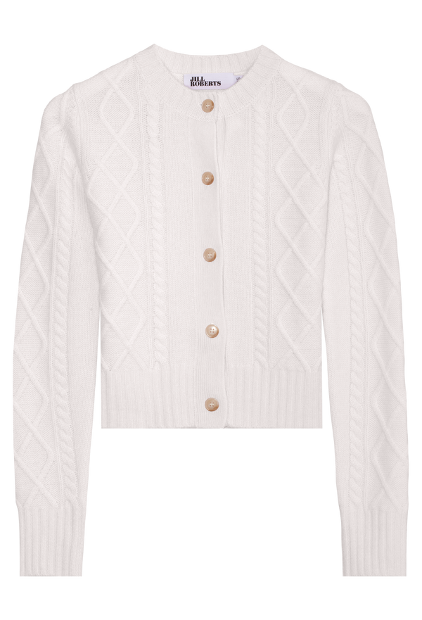 White cable knit cardigan with brown buttons on a white background
