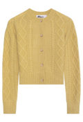 Yellow cable knit cardigan with buttons on a white background