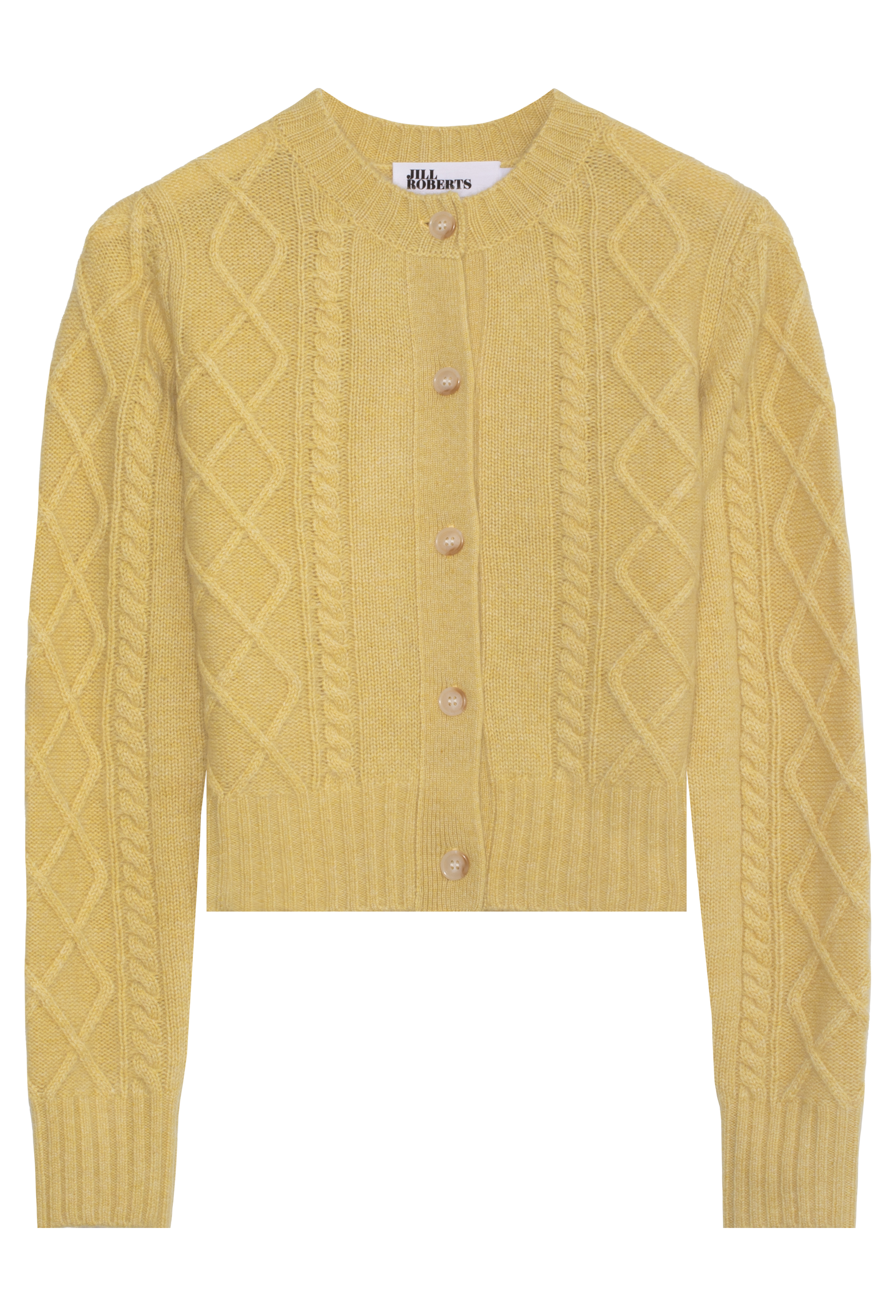 Yellow cable knit cardigan with buttons on a white background