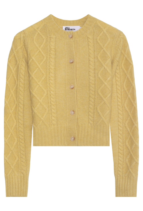 Yellow cable knit cardigan with buttons on a white background
