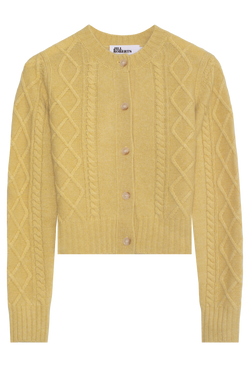 Yellow cable knit cardigan with buttons on a white background