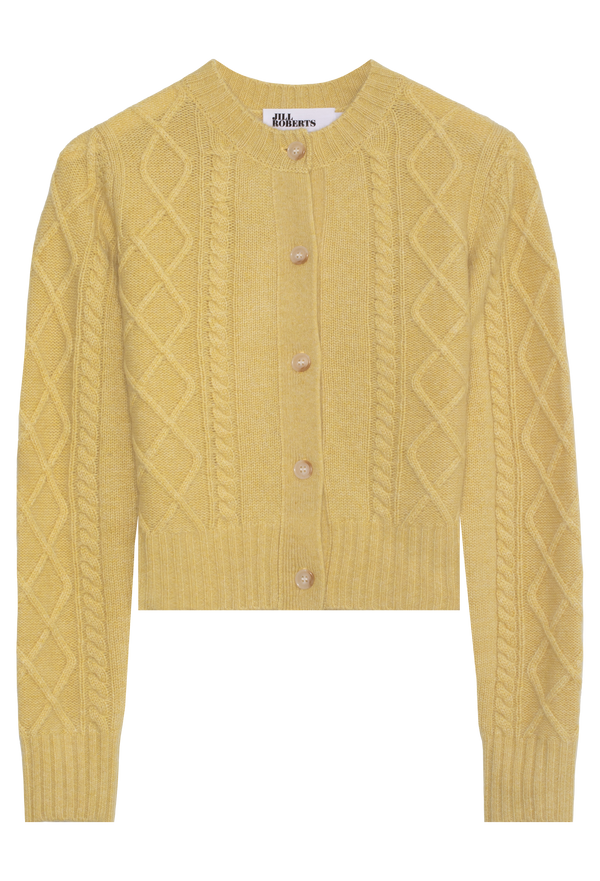 Yellow cable knit cardigan with buttons on a white background