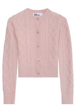 Pink cable knit cardigan with buttons on a white background