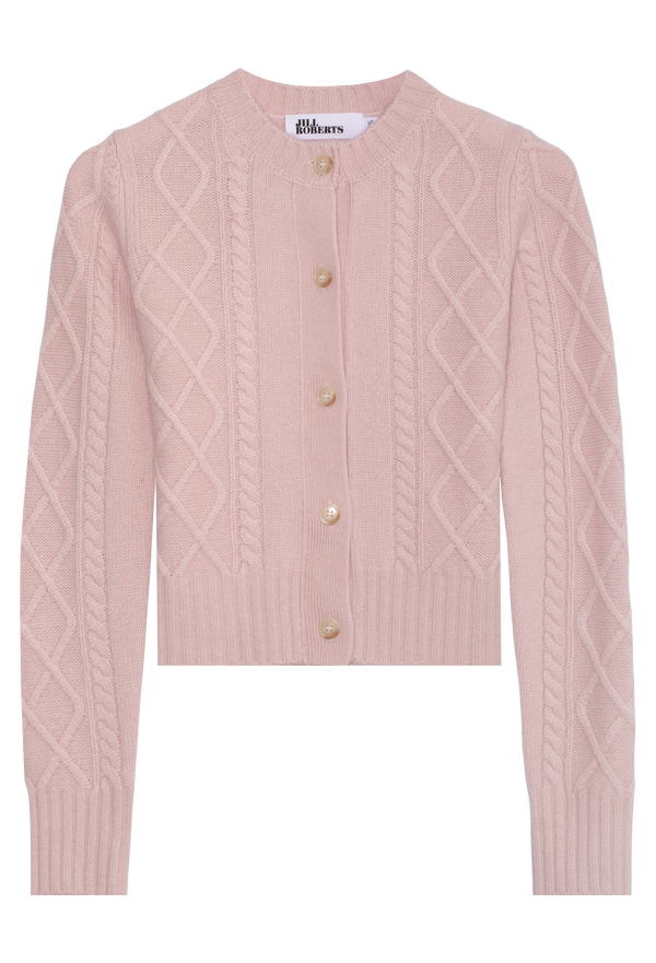 Pink cable knit cardigan with buttons on a white background