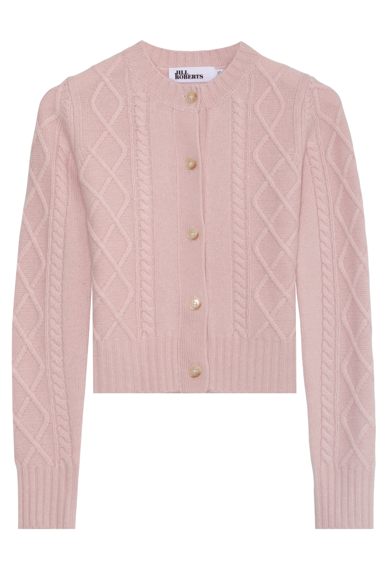Pink cable knit cardigan with buttons on a white background