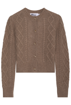 brown cable knit cardigan with brown buttons on a white background