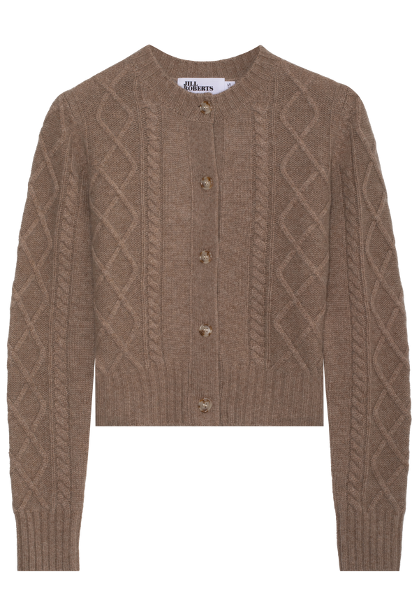 brown cable knit cardigan with brown buttons on a white background
