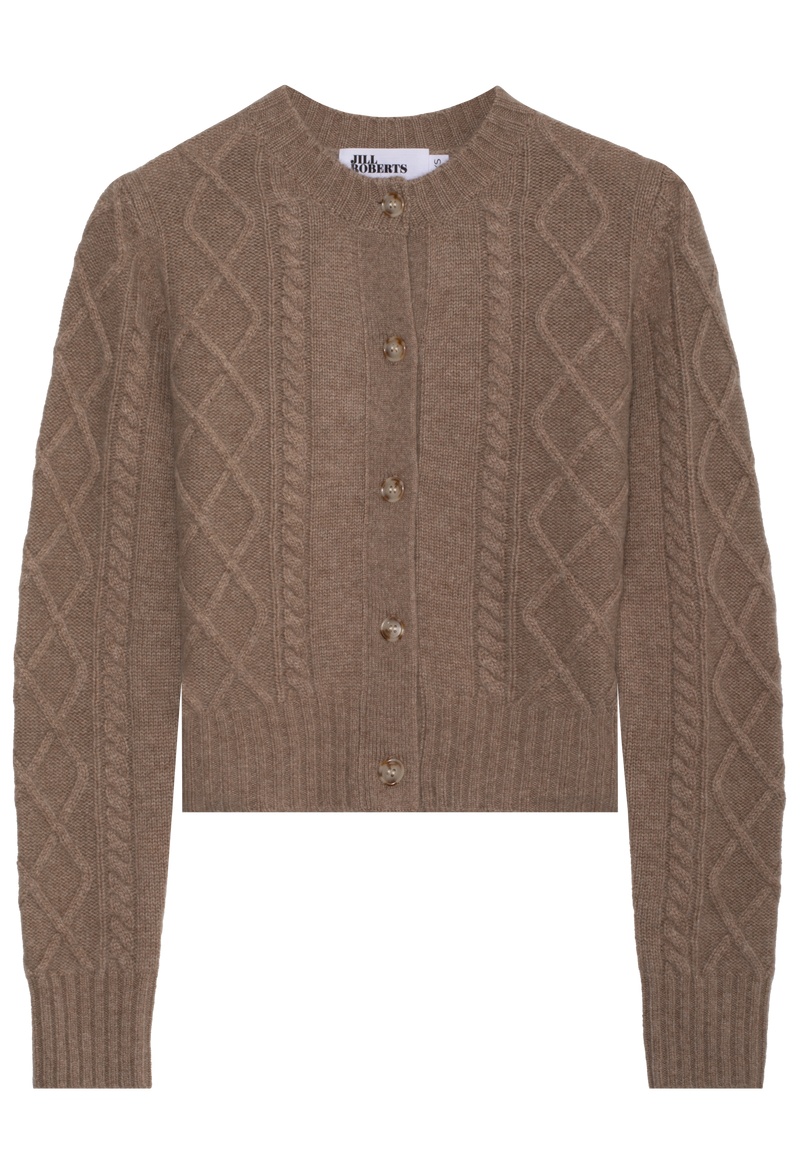 brown cable knit cardigan with brown buttons on a white background