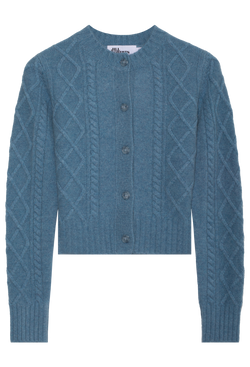 blue cable knit cardigan with blue buttons on a white background