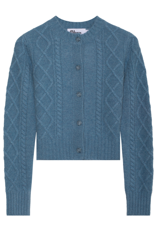 blue cable knit cardigan with blue buttons on a white background