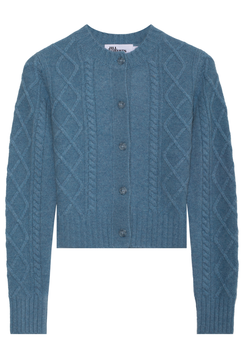 blue cable knit cardigan with blue buttons on a white background