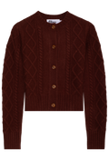 red-brown cable knit cardigan with buttons on a white background