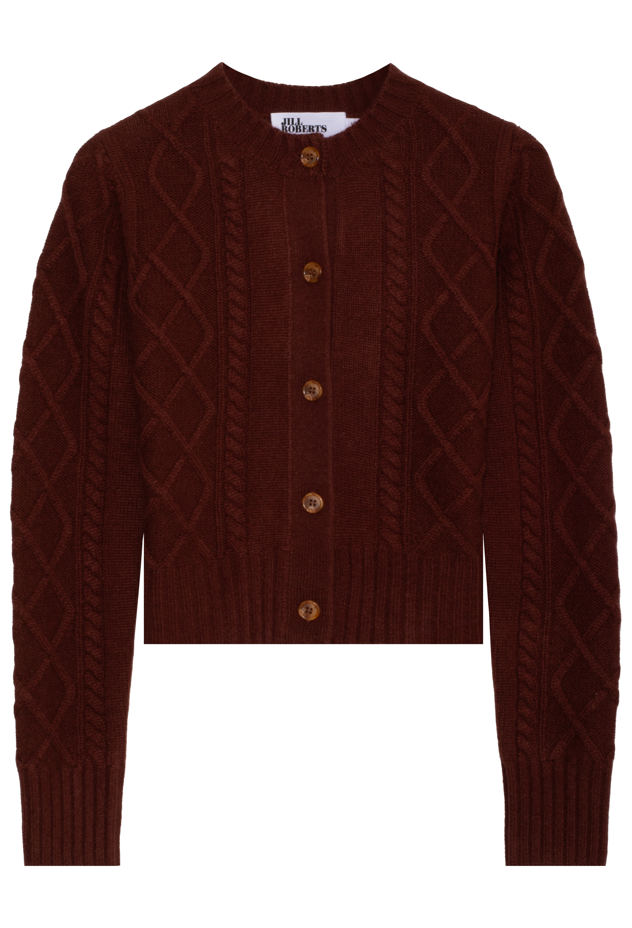 red-brown cable knit cardigan with buttons on a white background
