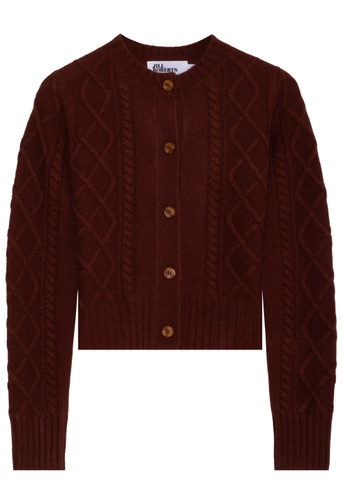 red-brown cable knit cardigan with buttons on a white background