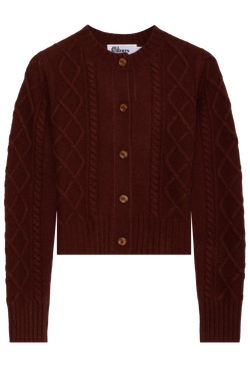 red-brown cable knit cardigan with buttons on a white background