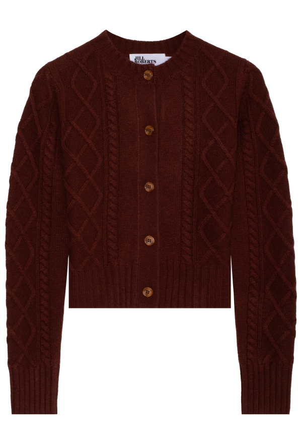 red-brown cable knit cardigan with buttons on a white background