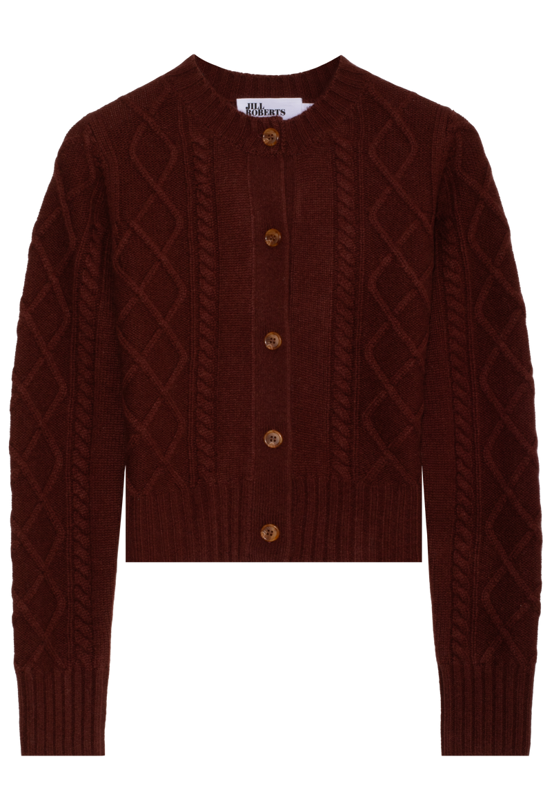 red-brown cable knit cardigan with buttons on a white background