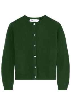 Green cardigan with button details on a white background
