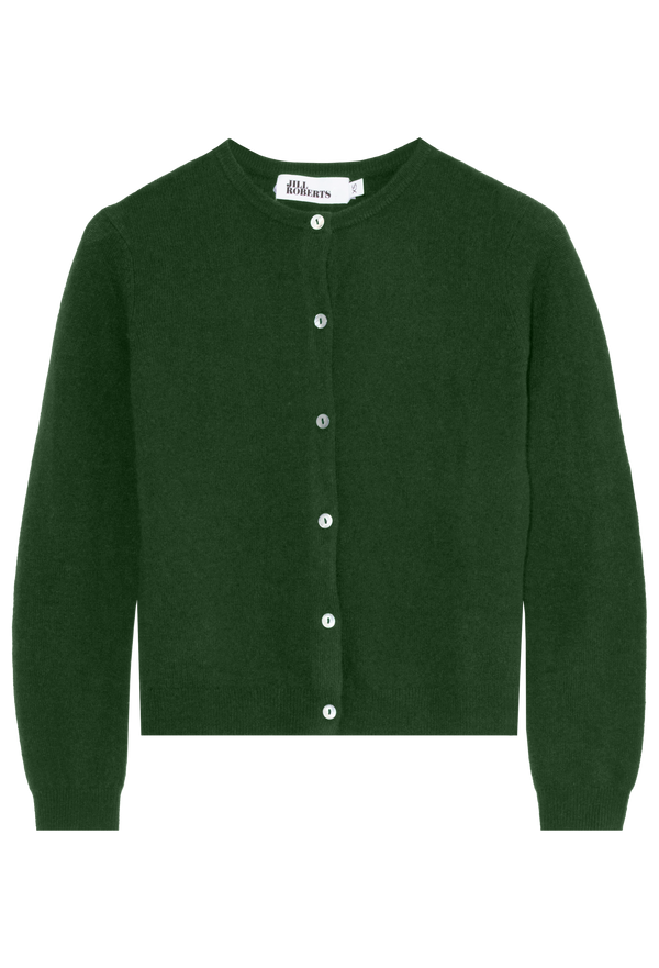 Green cardigan with button details on a white background