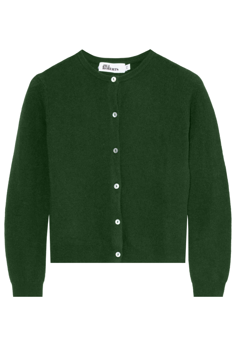 Green cardigan with button details on a white background